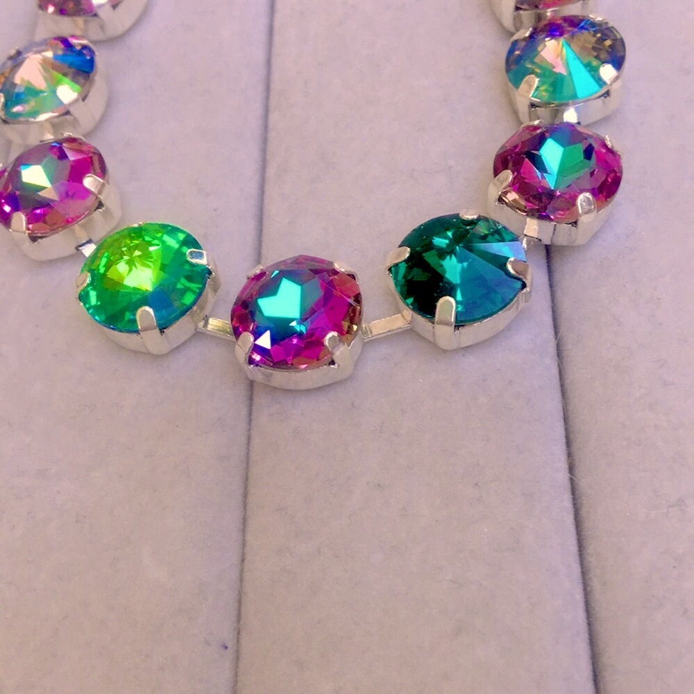 Iridescent Emerald + Fuchsia Heliotrope Silver Crystal Tennis Bracelet - Picture 4 of 8